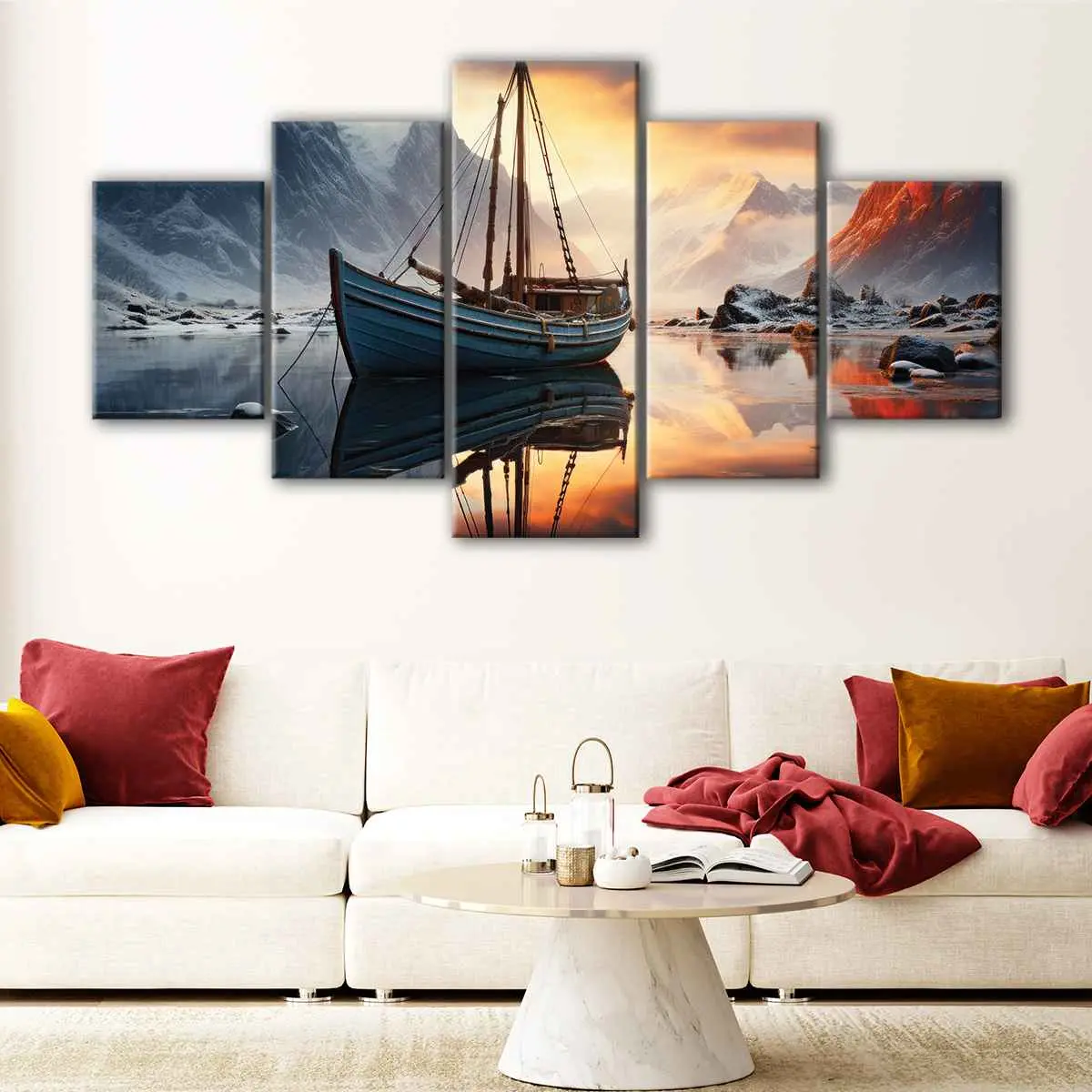 06531b06-5-panels-mountains-boat-canvas-art Mountains Boat canvas art - Image 1