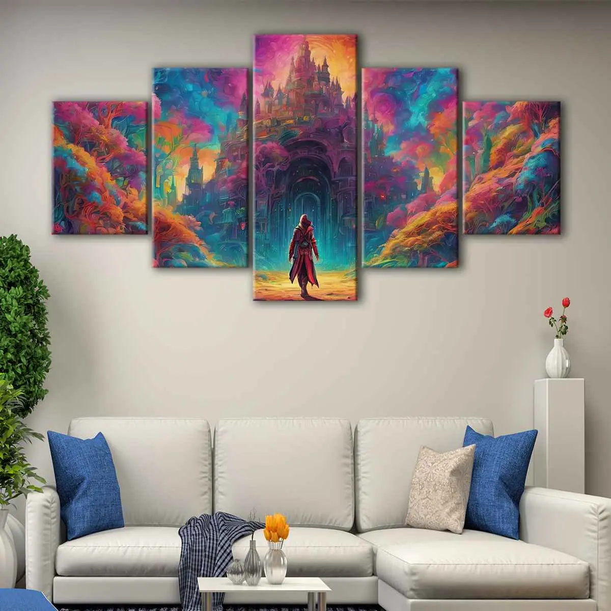 0993baef-5-panels-enchanted-castle-canvas-art Enchanted Castle canvas art - Image 1