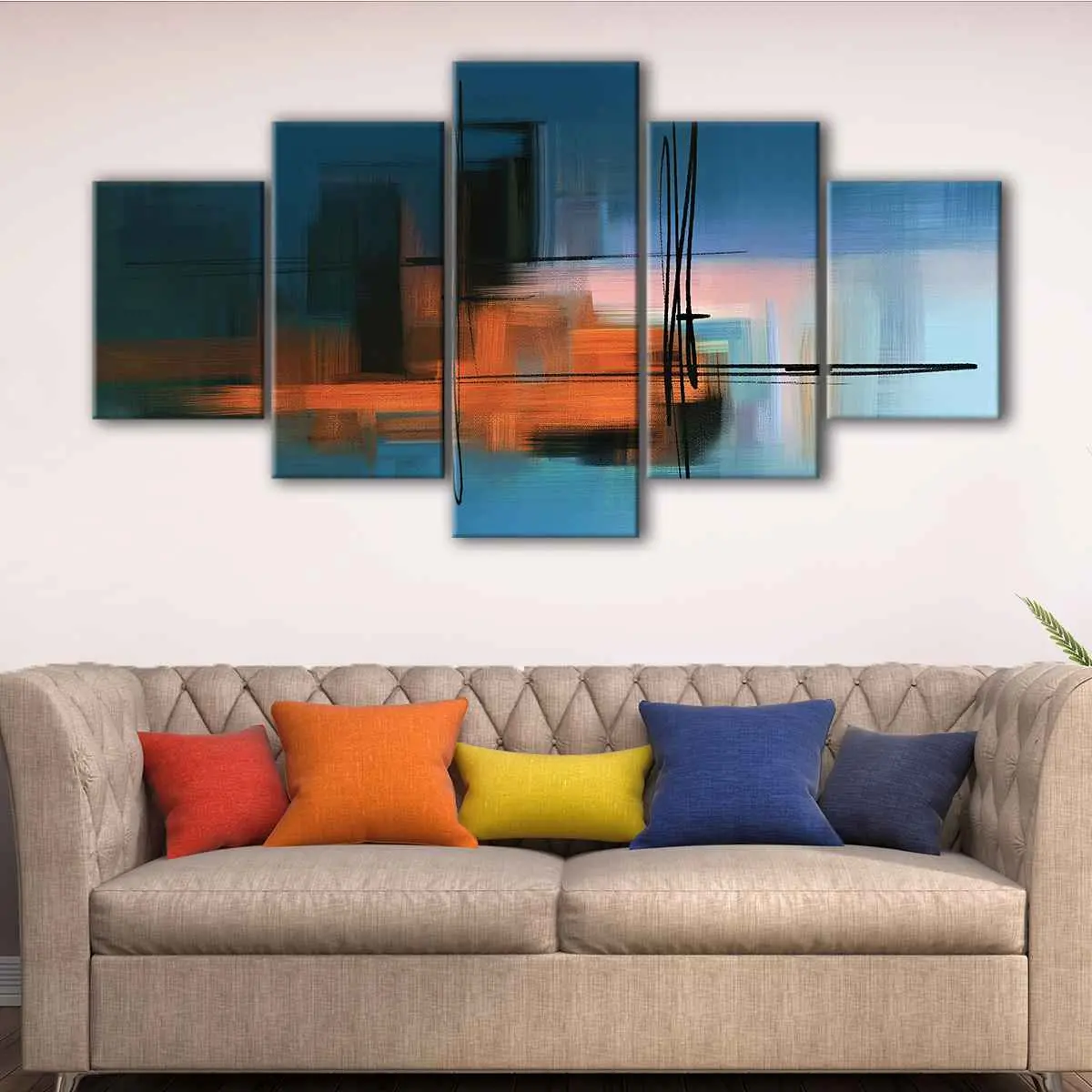 50ba0e64-5-panels-orange-and-blue-landscape-canvas-art Orange and Blue Landscape canvas art - Image 1