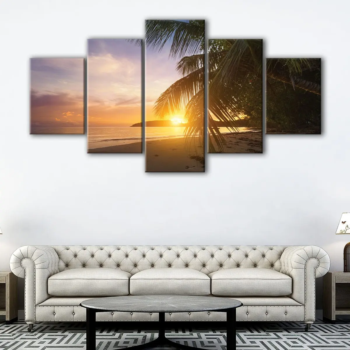 8a2bb89e-5-panels-sunset-behind-palm-canvas-art Sunset Behind Palm canvas art - Image 1