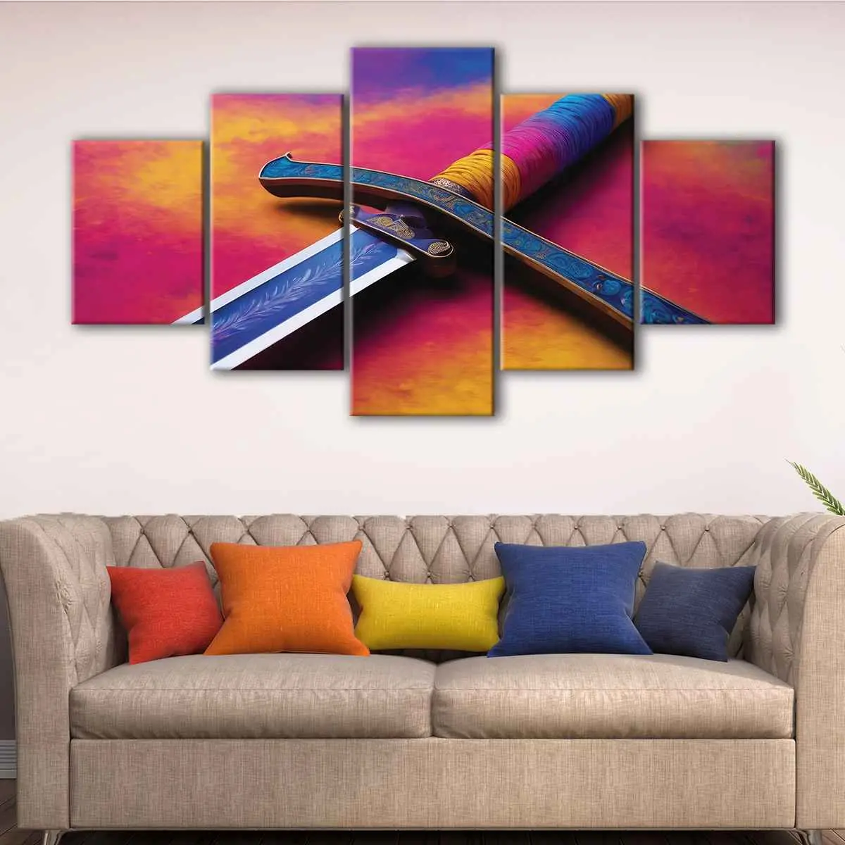 aec84400-5-panels-rainbow-katana-canvas-art Rainbow Katana canvas art - Image 1