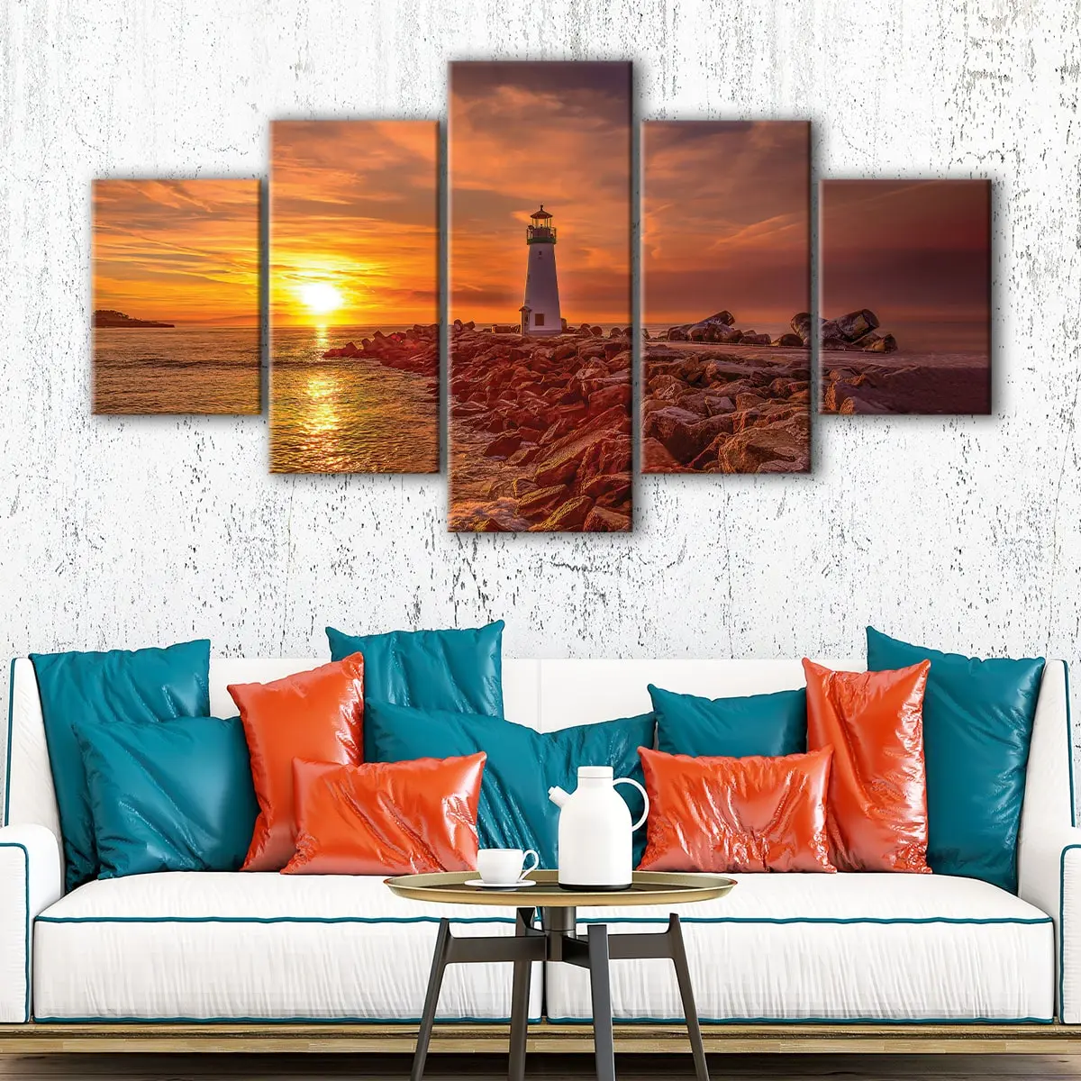 b971b0c1-5-panels-lighthouse-sunset-canvas-art Lighthouse Sunset canvas art - Image 1