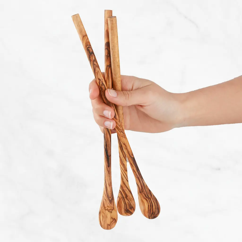 SS041_20251031_163949_739153_3 Long Handle Iced Tea Spoon Olive Wood - Image 1