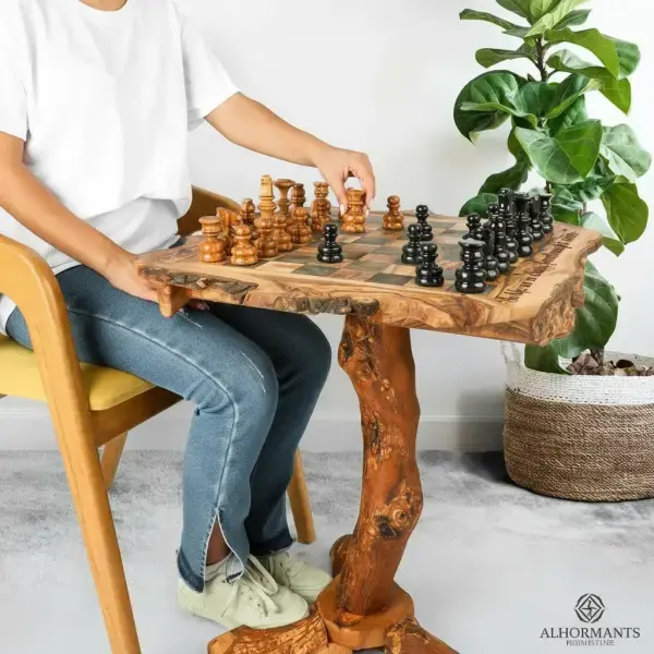 Olive Wood Chess Table with Drawers