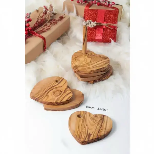 Olive Wood Heart Coasters Set With Holder