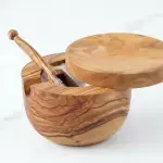 Olive Wood Salt Cellar - Spoon & Swivel Lid - Image 14