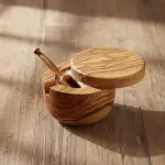 Olive Wood Salt Cellar - Spoon & Swivel Lid - Image 12