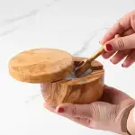 Olive Wood Salt Cellar - Spoon & Swivel Lid - Image 10