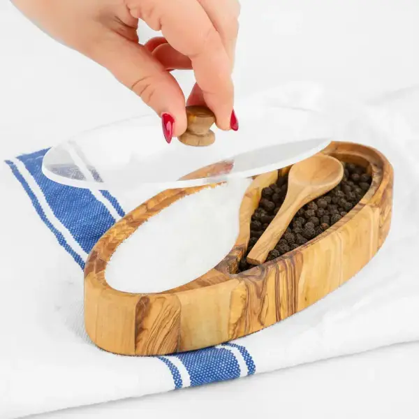 Olive Wood Salt Cellar with Plexiglass Lid