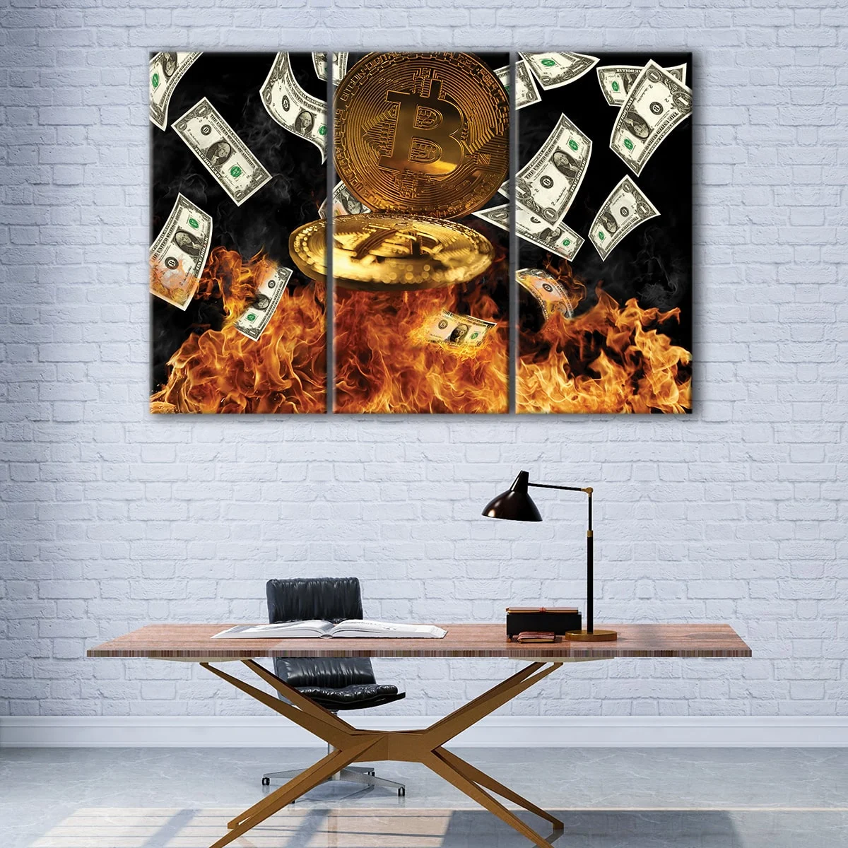 Bitcoin Burning Dollars canvas art