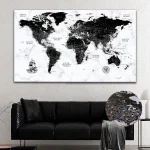 Black Marble World Map with Push Pins